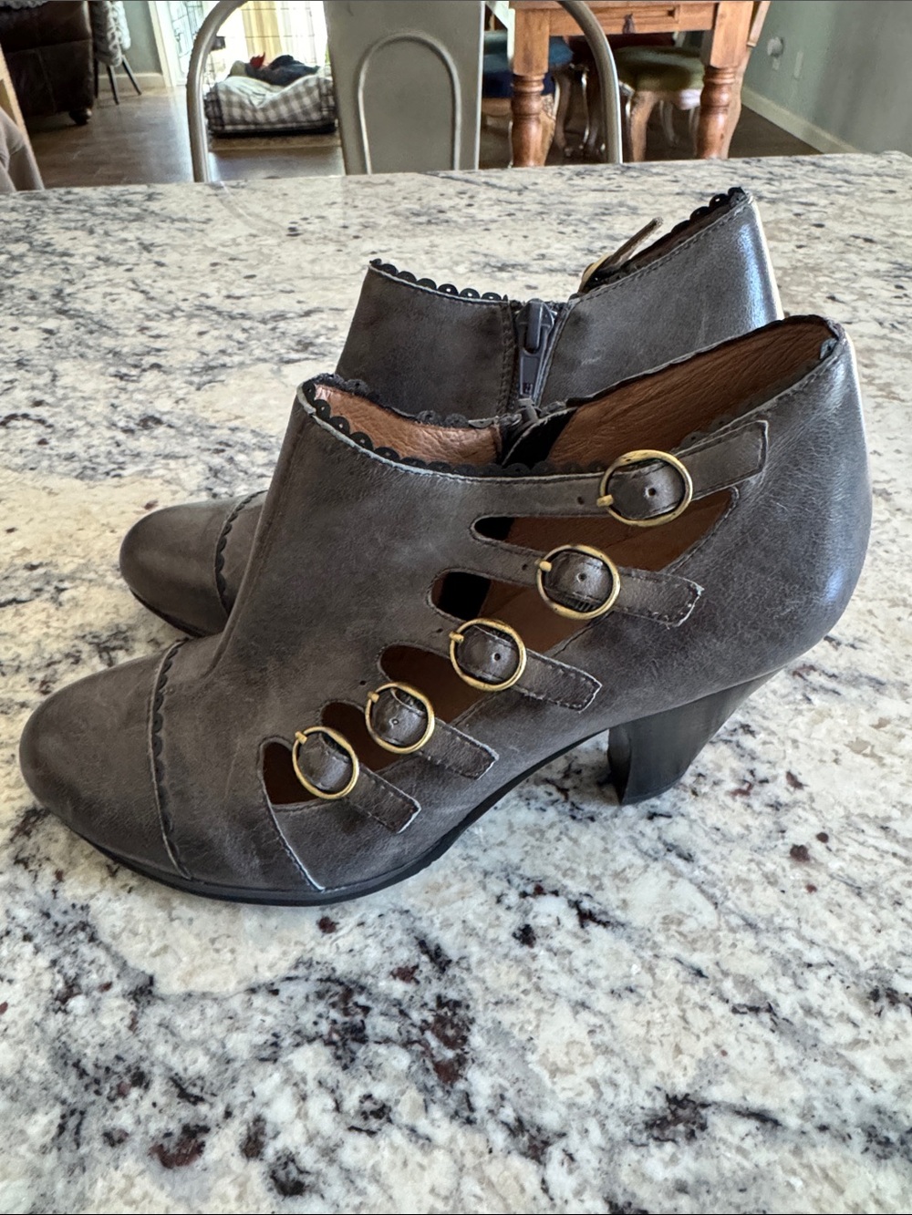 Miz Mooz Gray Leather Cutout Ankle Heels with Decorative Buckles-Vintage Style